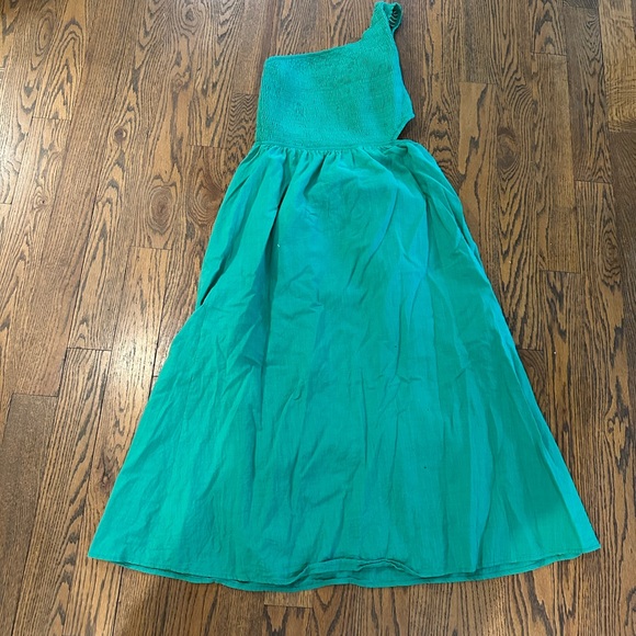 Green Smocked One Shoulder Cutout Sundress Flowy A-Line Beach Long Maxi Dress - Picture 5 of 5